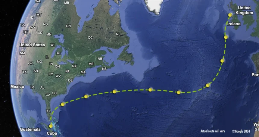 Carte des routes de navigation de l'Atlantique entre Cuba et l'Écosse