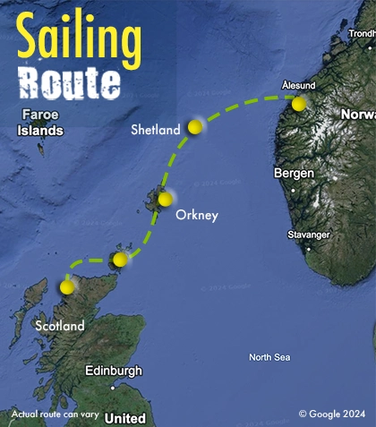 Mapa de ruta de navegación de Escocia a Noruega