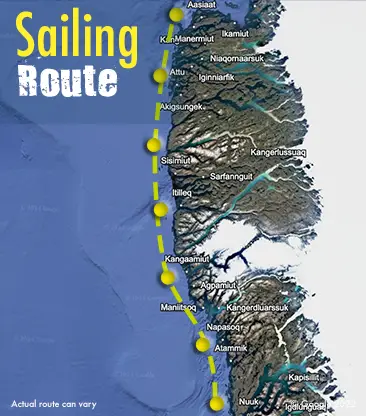 West coast of Greenland sailing route map