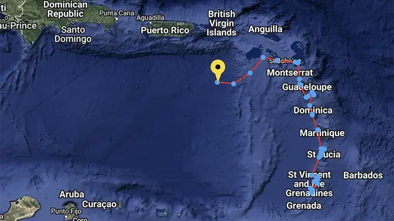 A satellite map showing the real-time tracking of Hummingbird’s route as it sails out into the Caribbean Sea.