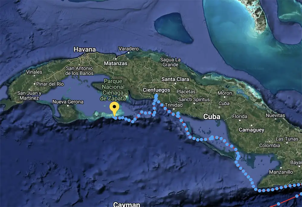 map showing SY hummingbird's route as she sails and explores Cuba in 2025